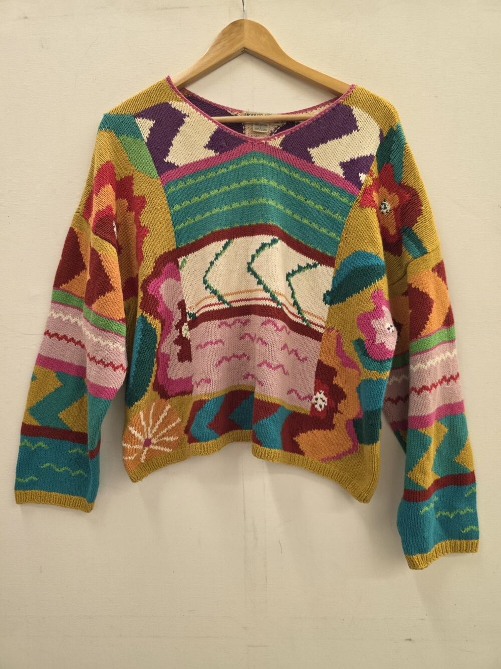 Vintage Worlds Apart Knit Patchwork Sweater Women's Size Large Multicolor